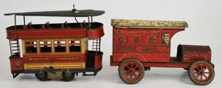 Bing clockwork tinplate tram car marked 'Municipal Tramways' and with 'GBN' trademark logo, circa