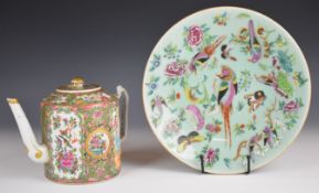 A 19thC Chinese / Cantonese famille rose teapot and a celadon shallow dish decorated with flora