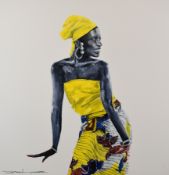 Jason Liosatos (contemporary Devon artist) oil on canvas 'Passion' portrait of a woman in yellow