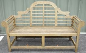Lutyens style teak garden bench / seat with scroll arms, width 167cm