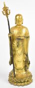 Gilt bronze Tibetan  / Chinese figure of the Bodhisattva Ksitigarbha, with impressed leaf