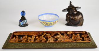 Chinese bronze figure, fine porcelain pedestal dish, carved giltwood panel with figural decoration