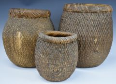 Three Chinese / Oriental graduated woven wicker baskets, tallest 40cm