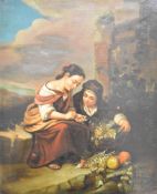 19th century oil on canvas scene of a girl buying fruit from a boy, 40 x 33cm, inscribed to