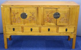 19th/20thC Chinese elm jointed sideboard with twin double cabinet doors over four straight