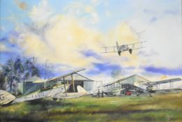Len Hutton oil on canvas 'Coming in with Orkney's Mail', first air mail flight 1933, aeroplane