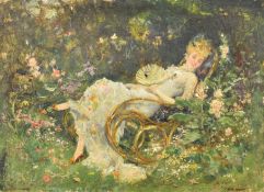 Russi late 19th or early 20th century miniature oil on panel woman reclining on a rocking chair in a