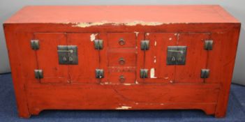 19thC Chinese jointed low sideboard with two twin door cabinets, single drawer and cubbyhole, W163 x