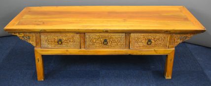 19thC Chinese elm jointed kang or low coffee table with six straight drawers and carved