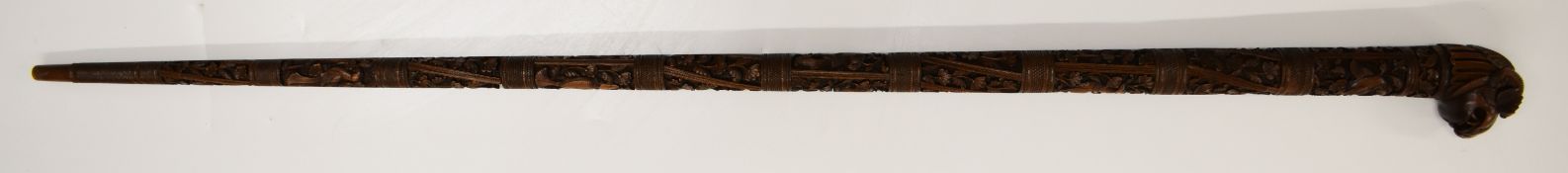 19thC South Indian Mysore carved sandalwood walking stick with very finely carved Yali lion head
