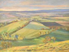 Joan Van Belkum (1928-2014) oil on canvas hilltop view at Frocester, extensive Gloucestershire