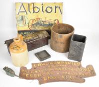 Agricultural collectables to include Albion horse rake advertising sign (35 x 45cm), Edward