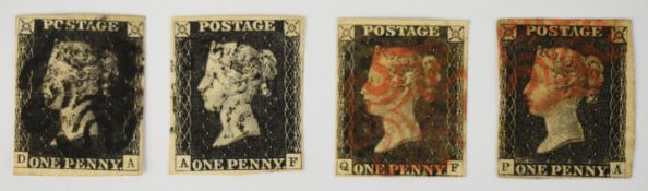 Four 1860 1d black stamps, two with black Maltese cross and two with red Maltese cross, three stamps