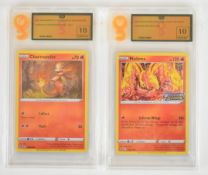 Two graded Pokémon Black Star promo cards comprising Moltres #SWSH185 and Charmander #SWSH092,