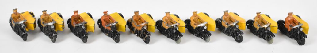 Ten Dinky Toys diecast AA Motorcycle Patrol, 44B, each with tan rider, yellow side car and AA