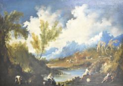 Alessandro Magnasco (Italian 1677-1749) figures beside a river with stormy sky, with handwritten