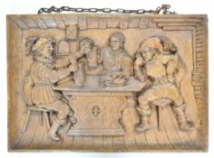 Large 19thC carved oak plaque with figural tavern scene decoration, W54 x H77cm