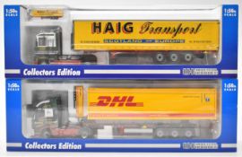 Two Universal Hobbies 1:50 scale diecast model haulage vehicles comprising Iveco Stralis 'DHL' and