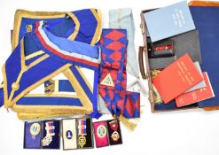 Large quantity of Masonic regalia, jewels, ephemera and leather case, including two hallmarked