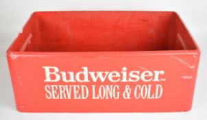 Vintage Budweiser plastic cooler box titled 'Budweiser Served Long & Cold', W53 x H20 x D34cm