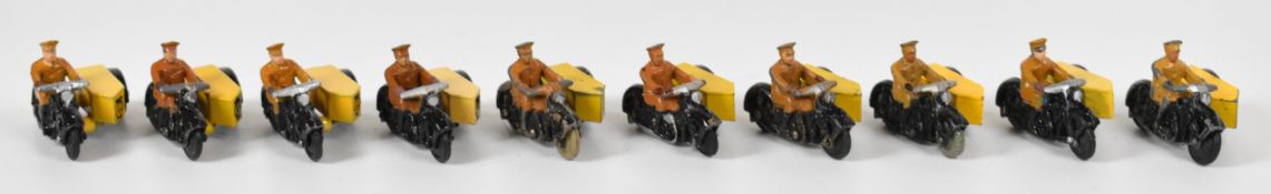 Ten Dinky Toys diecast AA Motorcycle Patrol, 44B, each with tan rider, yellow side car and AA badge.