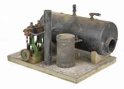 Twin cylinder live steam stationary engine in the style of a Stuart D10, mounted on a base with