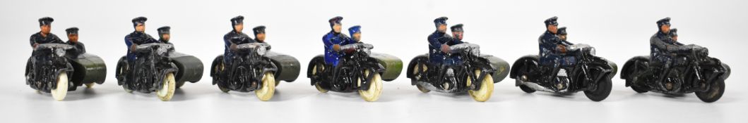 Seven Dinky Toys diecast Police Motorcycle Patrol, 42B, each with black bike, green side care,