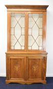 19thC inlaid rosewood astragal glazed bookcase with dentil cornice, adjustable dog tooth shelving