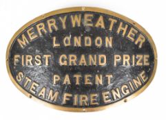Merryweather steam fire engine curved brass or bronze maker's plate, length 25cm