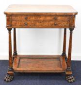 Late Georgian / William IV inlaid burr walnut or yew centre table, the fall flap lid with carved