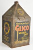 Redline Glico Motor Oils pyramid top vintage car oil can, with a pre-war car shown at speed below