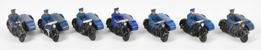 Seven Dinky Toys diecast RAC Motorcycle Patrol, 43B, each with black bike, blue rider and sidecar.