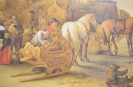 Dutch school 19thC oil on canvas winter scene of figures, horses and sleds on a frozen waterway with