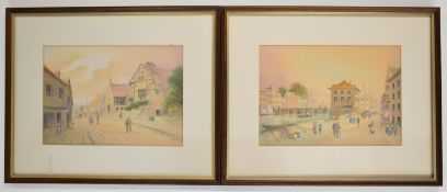 Pair of J Earp watercolours 'The Quay, Bern' Switzerland and 'Ditchling, Sussex', 19thC street