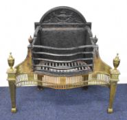 Regency cast iron and brass fronted fireplace grate with urn finials, raised on square stepped