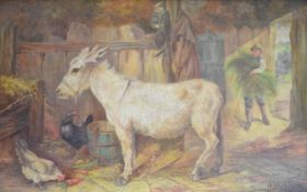 Herbert William Weekes (1856-1909) oil on canvas donkey and chickens in a stable with boy carrying