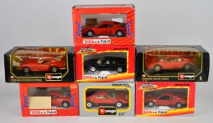Seven 1:24 scale diecast model Ferrari sports cars by Tonka/Polistil and Bburago, all in original