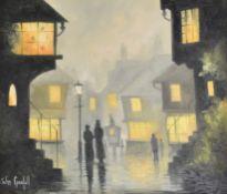 John Grenfell (contemporary Braunton, Devon artist) oil on canvas Gaslight, Victorian street scene