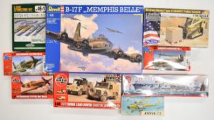 Nine mostly military themed plastic model kits by Airfix, Revell and similar to include B-17F
