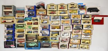 A collection of diecast model cars, trucks and buses, manufacturers include Corgi, Oxford, Gilbow