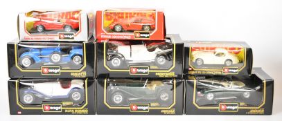 Eight Bburago 1:18 and 1:24 scale diecast model sports cars comprising Ferrari 250 GTO, Jaguar XK