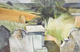 Peter L. Folkes (1923-2019) watercolour ‘From Chilcomb Church Yard’ with artist label on reverse, 34