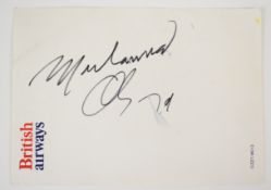 Muhammad Ali (1942-2016) signed autograph on British Airways headed paper, sheet size 14.5x10.5cm.