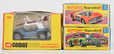 Three Matchbox Superfast and Corgi Whizzwheels diecast model cars comprising Road Dragster 19, Rat