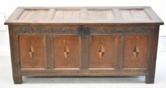 18thC carved and inlaid oak coffer or blanket box, W154 x D63 x H68cm