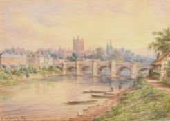 A Coleman Victorian watercolour Hereford cathedral from the river with bridge and boats to