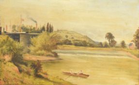 J H Orban Victorian oil on canvas two figures in a skiff or punt on the river Severn before