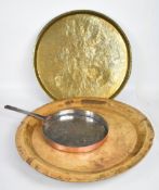 Large treen, probably elm platter, copper pan and a brass Indian / Persian table top, largest