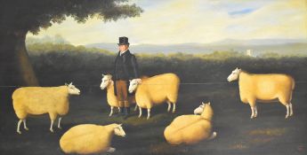 19th century style naive oil on board of a landowner with his prize sheep, signed with monogram AS