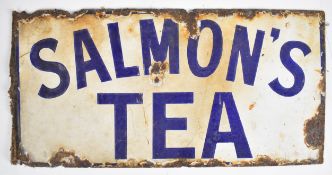 Salmon's Tea vintage blue and white double sided enamel advertising sign, 18 x 36cm
